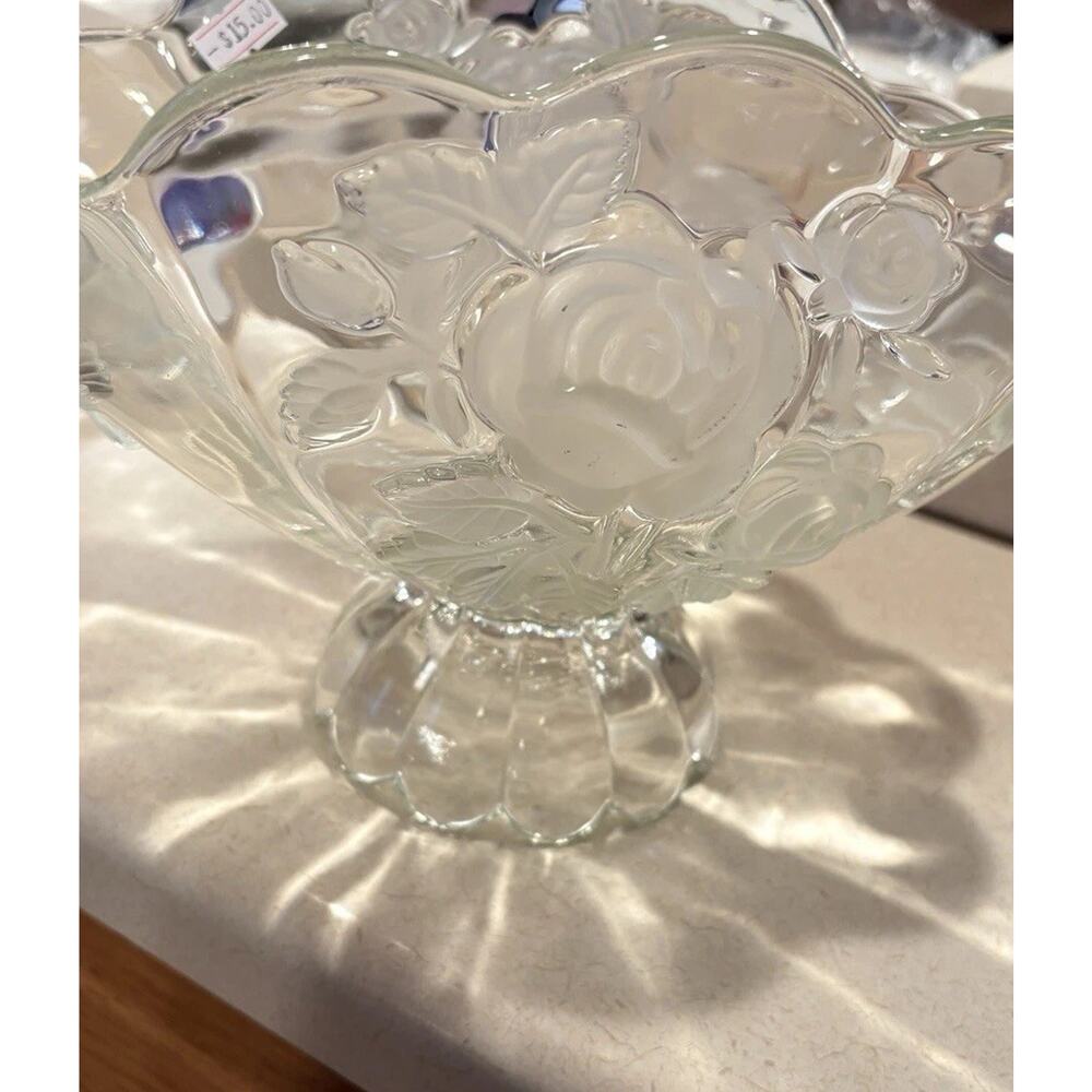 Vintage Bohemia Style Pressed Glass Pedestal Bowl Frosted Rose Floral Compote